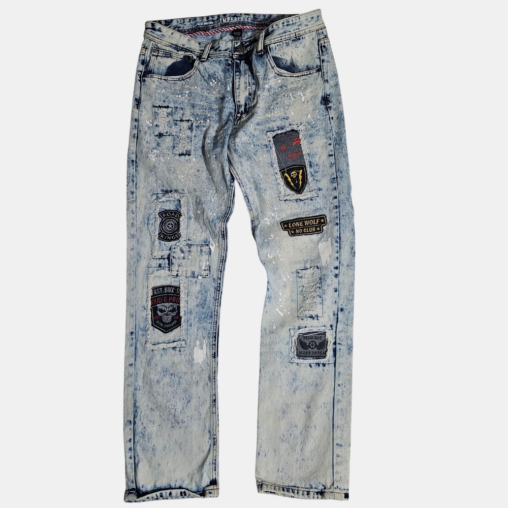 Imperious Mens Slim Straight Acid Wash Distressed Biker Patch Jeans Size 36x32